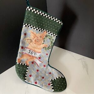 Vintage Pig "Joy" Holiday Needlepoint Stocking by Katha Diddel